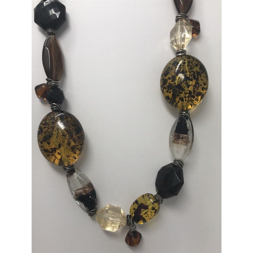 CHICO'S Necklace Brown Earth Tone Chunky Glass Beads Black Plastic Beaded BOHO
